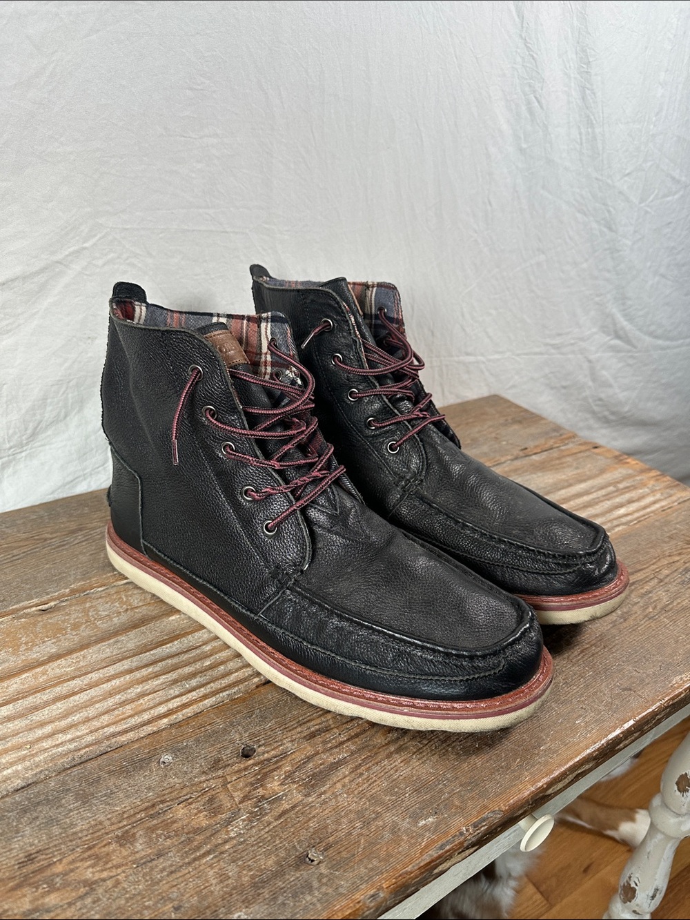 Toms Black Leather Chukka Boots with Burgundy Accents